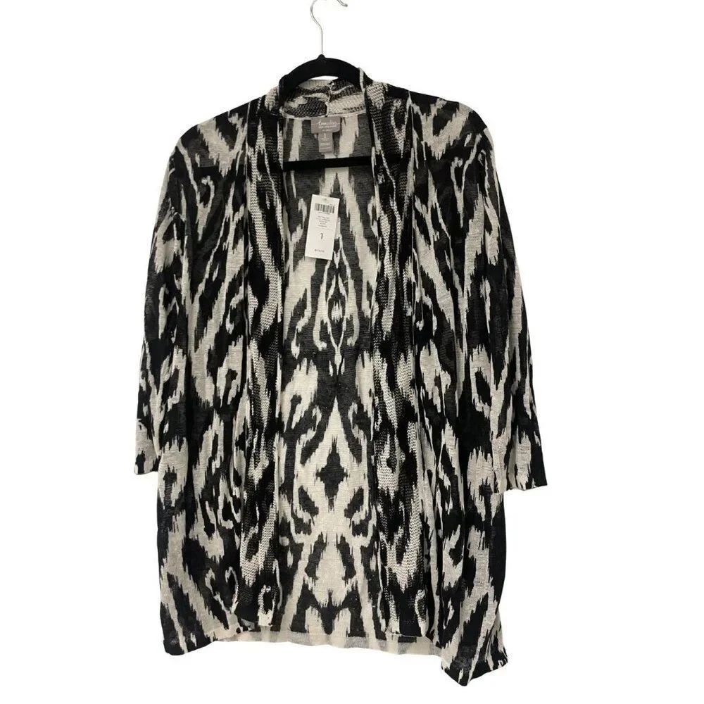 Chicos Travelers Women Sweater Sz 1 M Black Ikat Linen Alicia Cardigan Artsy NWT